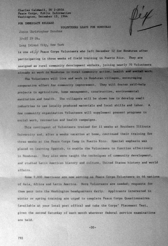 1964 Honduras Peace Corps Volunteer Resume Release & Photo - Picture 2 of 2