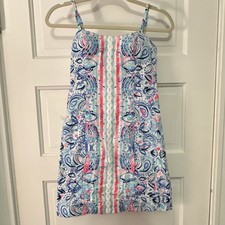 Lilly Pulitzer Paisley Sleeveless Shift Dress Blue Pink Bow Lace Size 00