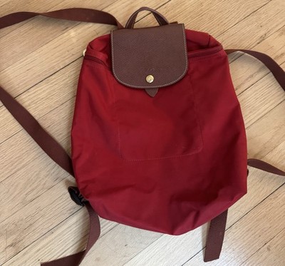 Longchamp Red Backpack Brown Trim Gold Hardware Zip/Snap Adjustable Strap