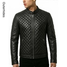 Men's Genuine Lambskin Leather Cafe Racer Jacket Black Diamond Quilted Slim Moto