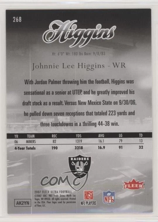 2007 Fleer Ultra Ultra Rookies Retail Johnnie Lee Higgins #268 Rookie RC - Image 2 of 2