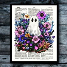 Creepy Cute Ghost with Flowers Halloween Whimsical Festive Holiday Decor