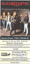 Europe  In Concert 1992 Berlin Neue Welt  Ticket / Konzertkarte / Eintrittskarte