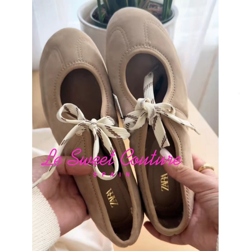 ZARA WOMAN NWT FW25 SPLIT SUEDE LACE-UP BALLERINAS sand brown 2539