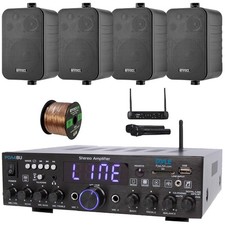 Pyle Bluetooth Home Stereo Receiver, Wireless Mic Set, 4x 4'' 30W Speakers, Wire