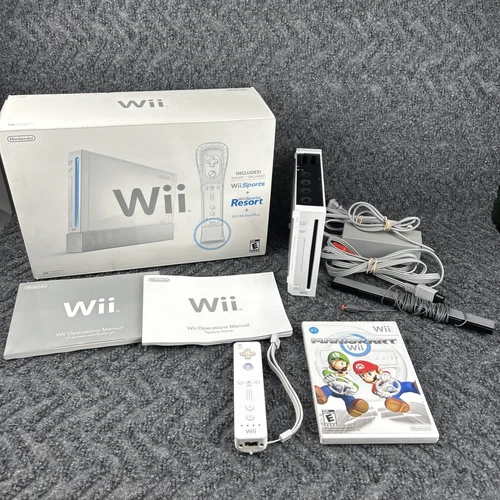 Nintendo Wii White Console RVL-001 In Box With Cords, Sensors, Mario Kart Tested
