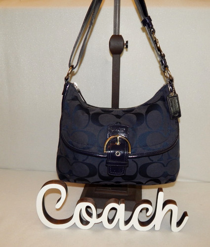 Coach Handbag Purse Bag F19581 Soho Hobo Signature Tote Blue Silver Leather 2-Wa