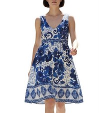 Adrianna Papell Floral Babydoll Dress Women 6 Blue White Sleeveless 100% Cotton