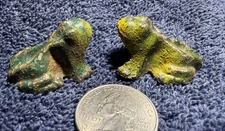 Pair Vintage Cast Iron Frog Miniature Figurine Iron Green Paint Old Small Mini