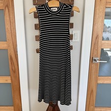 Hippie Love Black White Striped Ribbed Stretch Mock Neck A-Line Dress Medium EUC