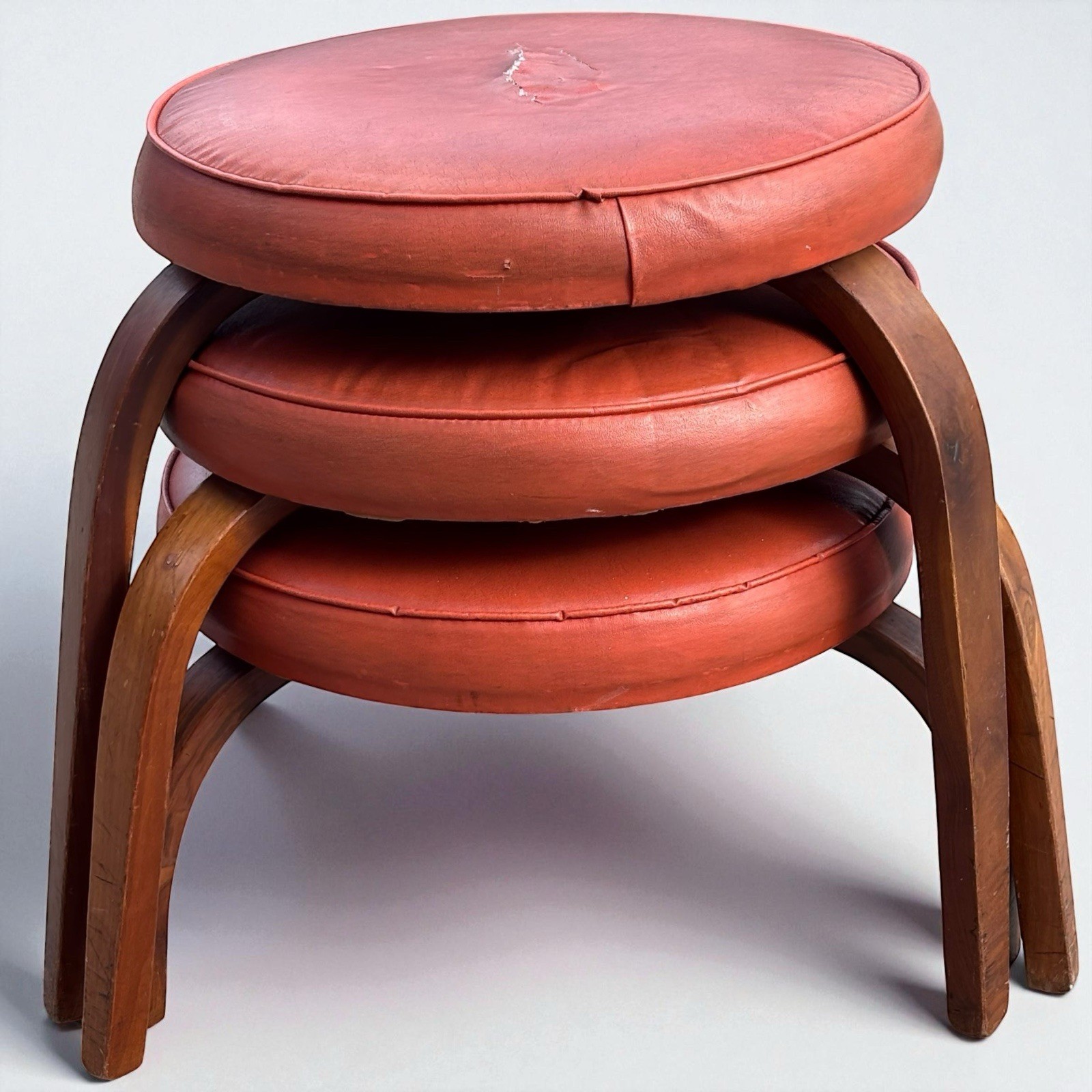 3 Vintage MCM Thonet Bentwood Nesting Stools Mid Century Stacking Orange Vinyl