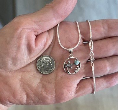Sterling Silber Strandpalme & Welle mit echtem Larimar Stein Anhänger    