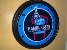 Burger Chef Hamburgers Diner Restaurant Kitchen Man Cave Advertising Clock Sign