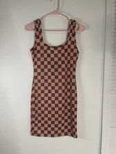 Fashion Nova Brown Beige Check Knit Scoop Neck Sleeveless Short Bodycon Dress M