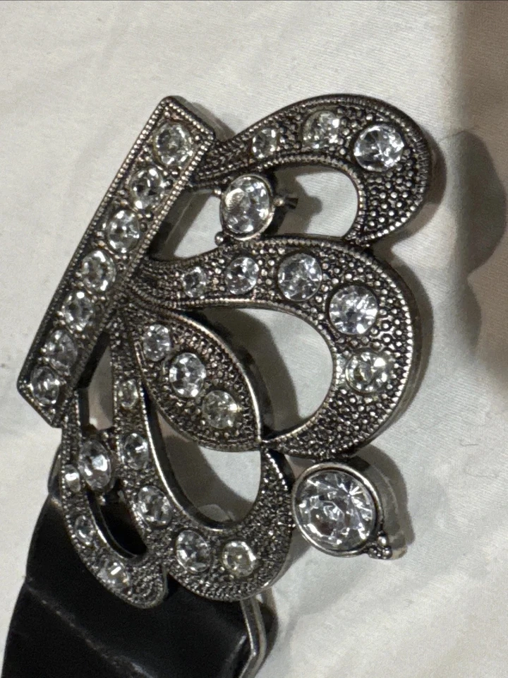 Black belt with Large Jeweled crown-shaped buckle metal adorned w Rhinestones2XL - Image 3 of 4