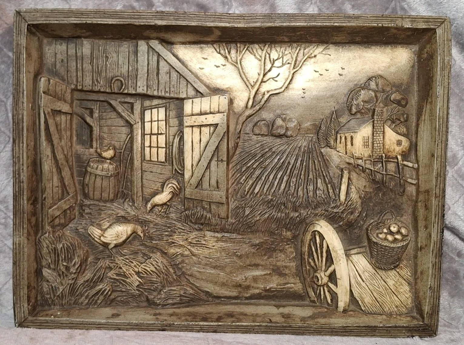 Vintage 3D Farmhouse Plaster Wall Plaque with Chickens Barn Relief Art