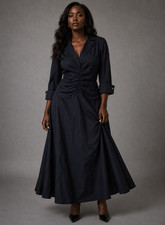 Xscape Navy blue maxi dress with ruched bodice and flared skirt. Size: 16