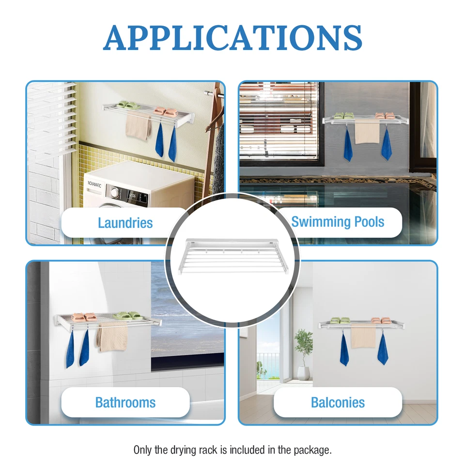 Wall-mounted Laundry Clothes Storage Drying Rack Retractable Dryer Hanger White - Image 4 of 4