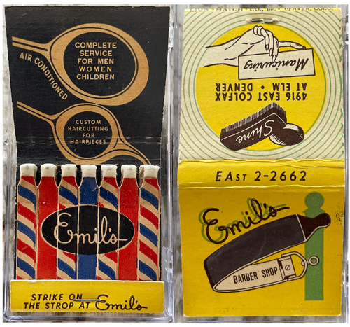 Emil's Barber Shop Spot Strike Feature Matchbook MINT - Denver CO Spotstrike