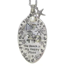 THE BEACH IS MY HAPPY PLACE Spoon 30 Inch Chain Pendant Necklace Silver