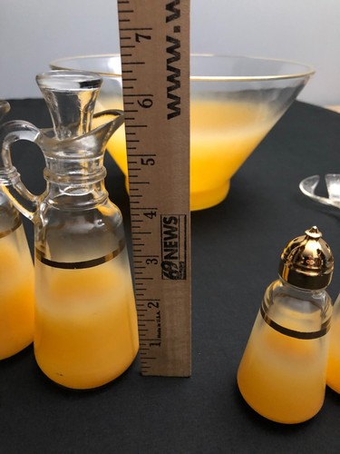 VTG 1950's Anchor Hocking Blendo Serving Set Salad Bowl Cruets Shakers Orange - Picture 13 of 14