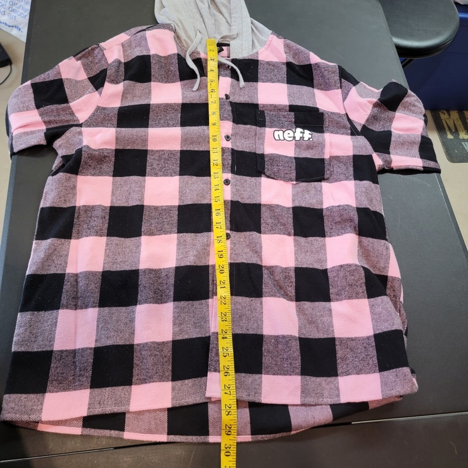 Neff Pink Black Check Hooded Long Sleeve Flannel Skater Shacket Mens