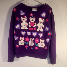 Childs Purple Bear  Hearts Sweatshirt 90s By Basic Image USA Vtg Acrylic