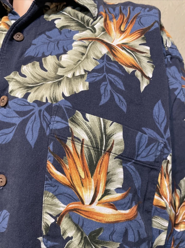 Camisa Nautica Manga Corta Botones Para Hombre L Azul Hawaiano Estampado Floral De Colección Años 90 Foto 4 de 4
