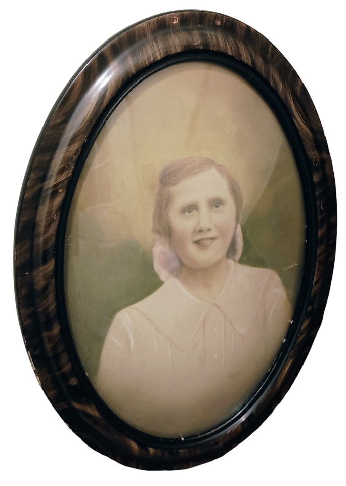 Young Woman Crayon Enlargement Portrait Oval Tiger Wood Frame Convex