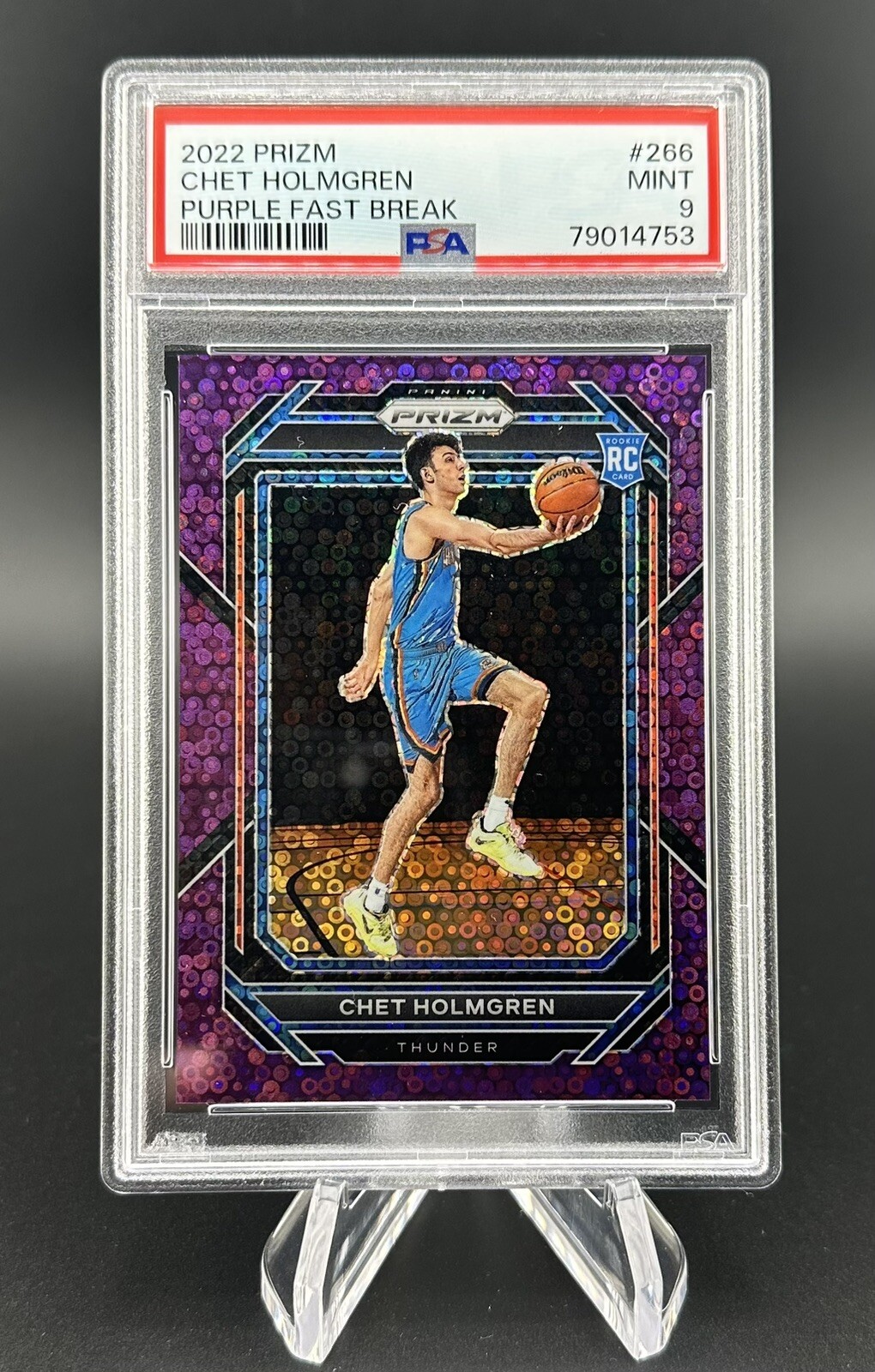 2022-23 Panini Prizm Fast Break #266 Chet Holmgren RC Purple Disco /75 PSA 9