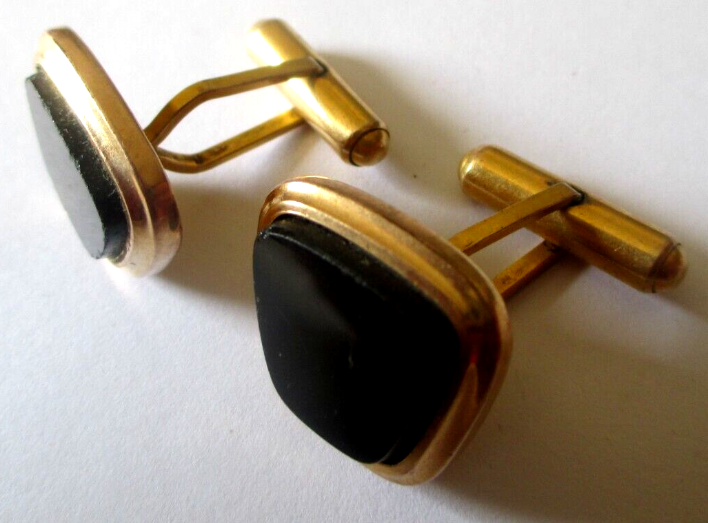 Boutons De Manchette Vintage MURAT - Plaqué Or Avec Onyx Noir, Anciens, Modèle 2808