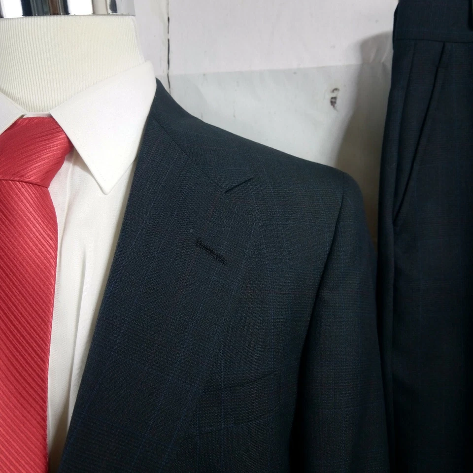 Traje Mark Alexander 40L 2 botones para hombre azul oscuro a cuadros 2 piezas 35x31 frente plano Foto 2 de 4