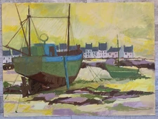 Gérard VIEILLEVIE (1939-1992) Breton Marine Landscape Sailboat Low Tide Brittany