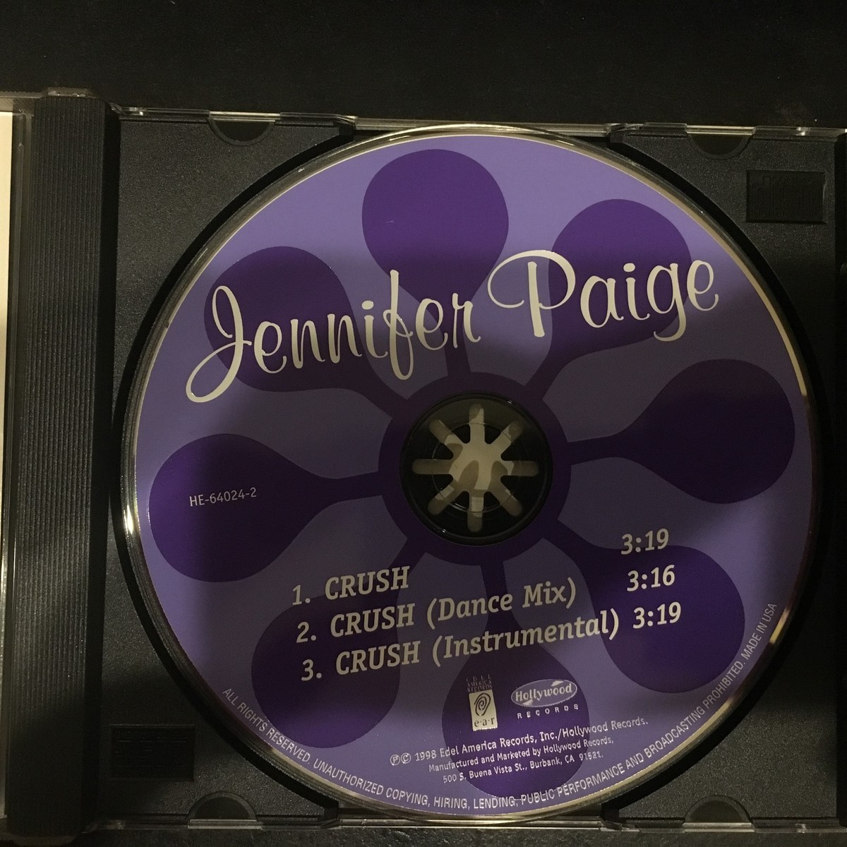 Crush (3 Mixes )by Jennifer Paige (CD, Jul-1998, Hollywood