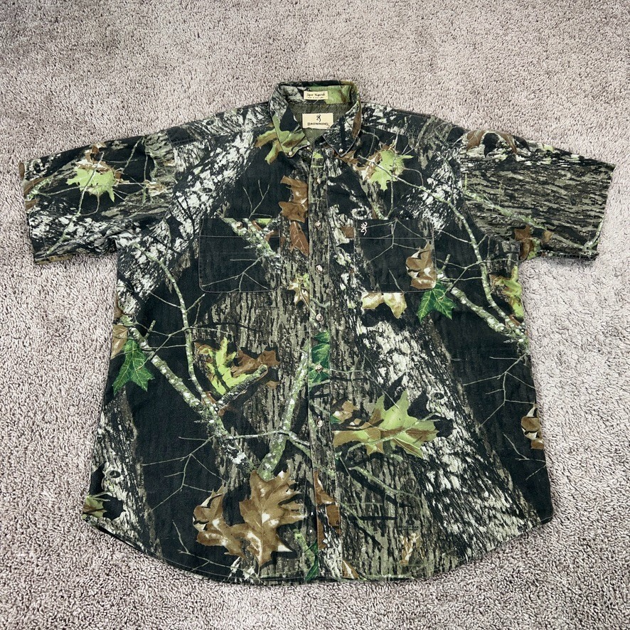 Vintage Browning Shirt Mens 2XL Green Camo Mossy Oak Break Up Hunt Super Natural