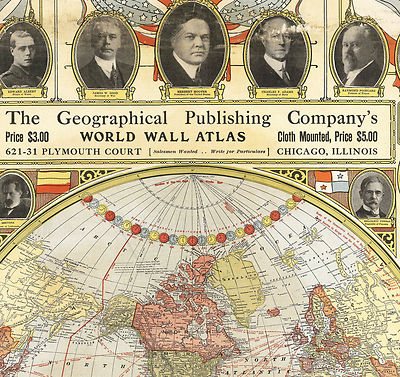 1921 World Map in One Hemisphere Portraits of World Leaders Wall