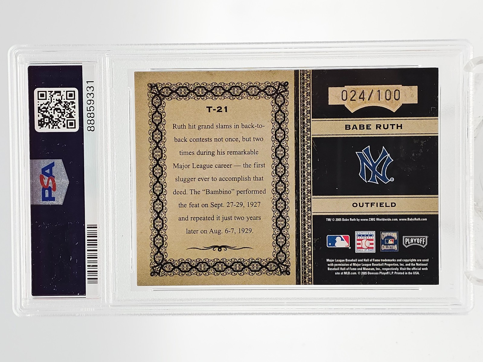 BABE RUTH 2005 PLAYOFF PRIME CUTS TIMELINE /100 #T-21 PSA 8 Q4444 view 2