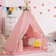 Teepee Tent for Kids with Padded Mat Cotton Canvas Kids Tent with Pompom for Tod