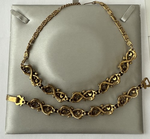 VTG. Sign FLORENZA GOLD-TONE RHINESTONE & FOUX PEARL LINK NECKLACE-BRACELET SET - Picture 3 of 4
