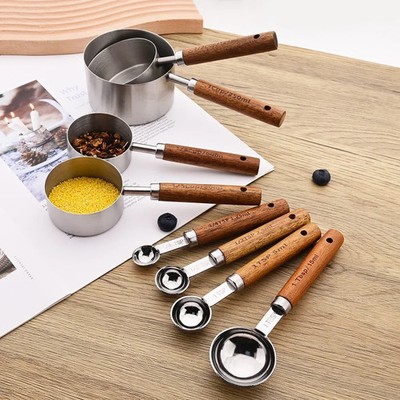 4/8Pcs Measuring Cups Spoons Stainless Steel Silver Wooden Handle Baking Tools C