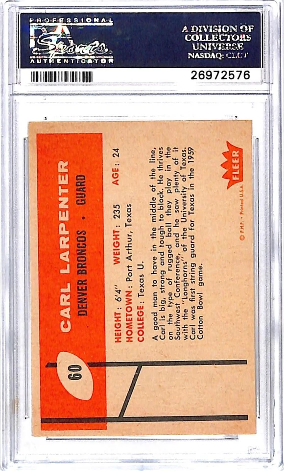 1960 Fleer #60 Carl Larpenter Denver Broncos Football Card PSA 7.5 NM+ ID:45920 - Image 2 of 2