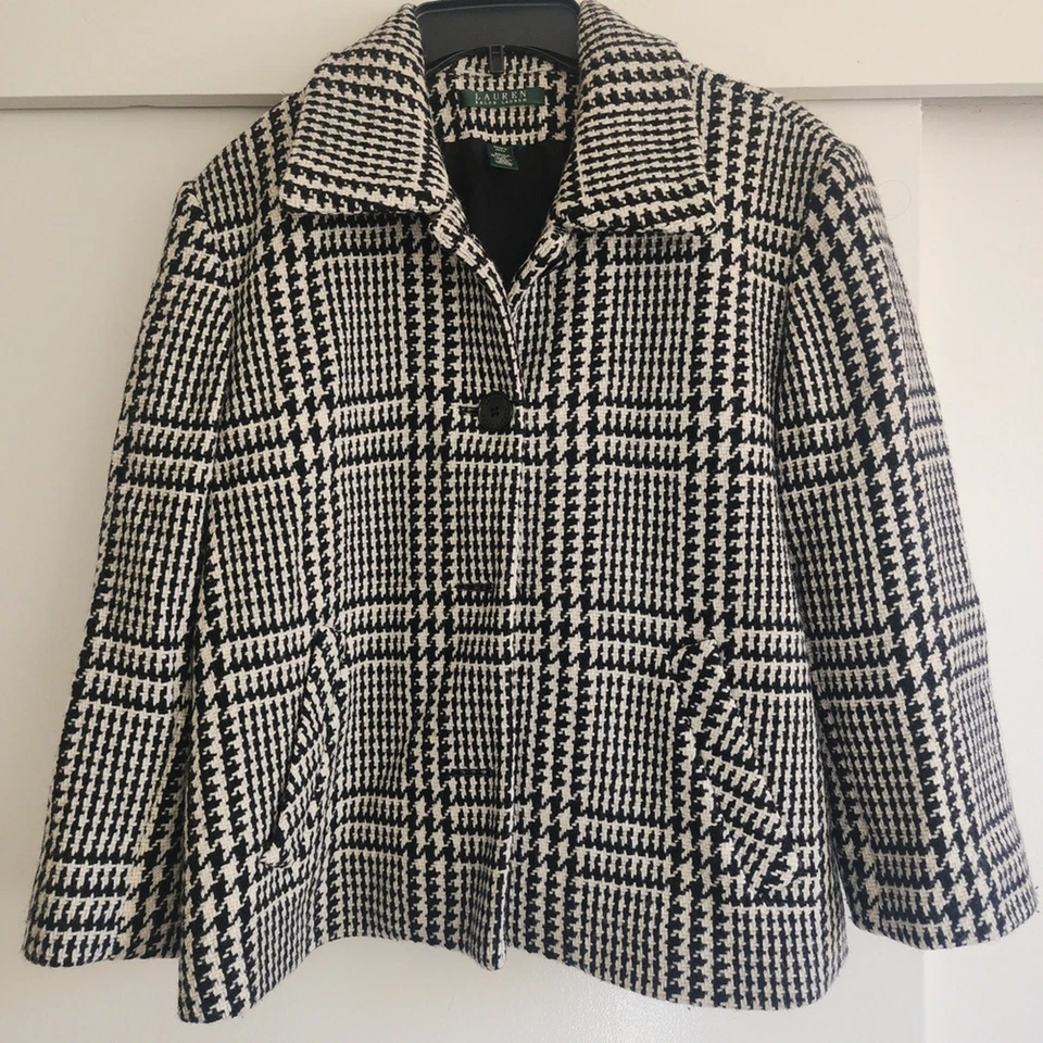 Abrigo de guisante recortado de lana mezclada pata de gallo Lauren Ralph Lauren en blanco y negro Foto 4 de 4