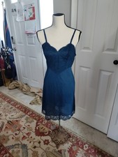 Vtg 50's Vanity Fair Marine Blue Full Slip Gown 34 S Lace Top Nylon Lingerie Euc