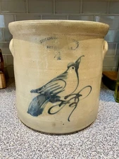 Antique Primitive Salt Glaze Stoneware “Blue Bird” USA Crock Fort Edward NY 4 G