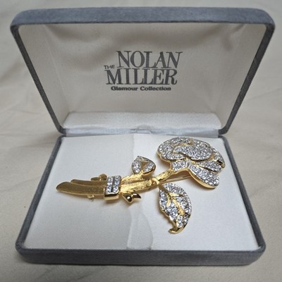 Vintage Nolan Miller Glamour Collection Crystal Rose Brooch Pin Gold Tone