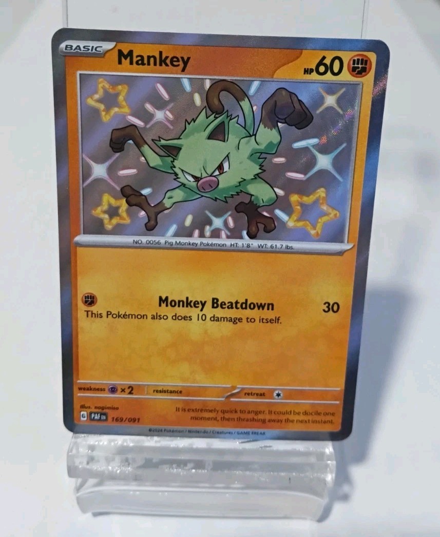 Mankey Paldean Fates 169/091 Shiny Rare Holo NM Pokemon Card
