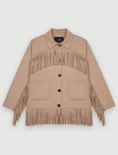 Maje Camel Double-faced Wool blend coat with fringing T0/XS RP745 New With Tags