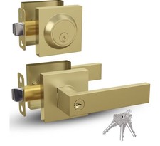 Front Door Locksets with Deadbolt,Heavy Duty Satin Brass Door Handles,Square ...