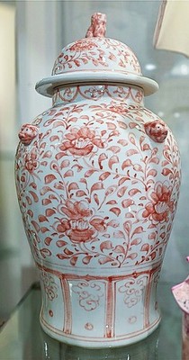 Pink, White Porcelain Chinoiserie Temple Jar.Hand Painted.Foo Dog Finial-19.75''H