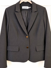 Calvin Klein Two-Button Lux Blazer 10P Petite Charcoal Grey Shoulder Pads Career